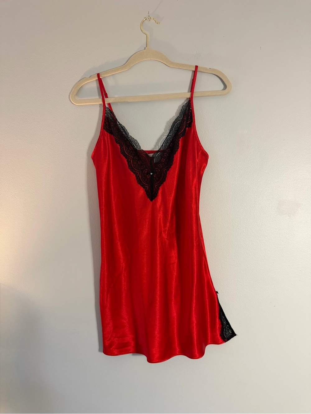 Victoria's Secret vintage Red Satin Slip with Black Lace Trim